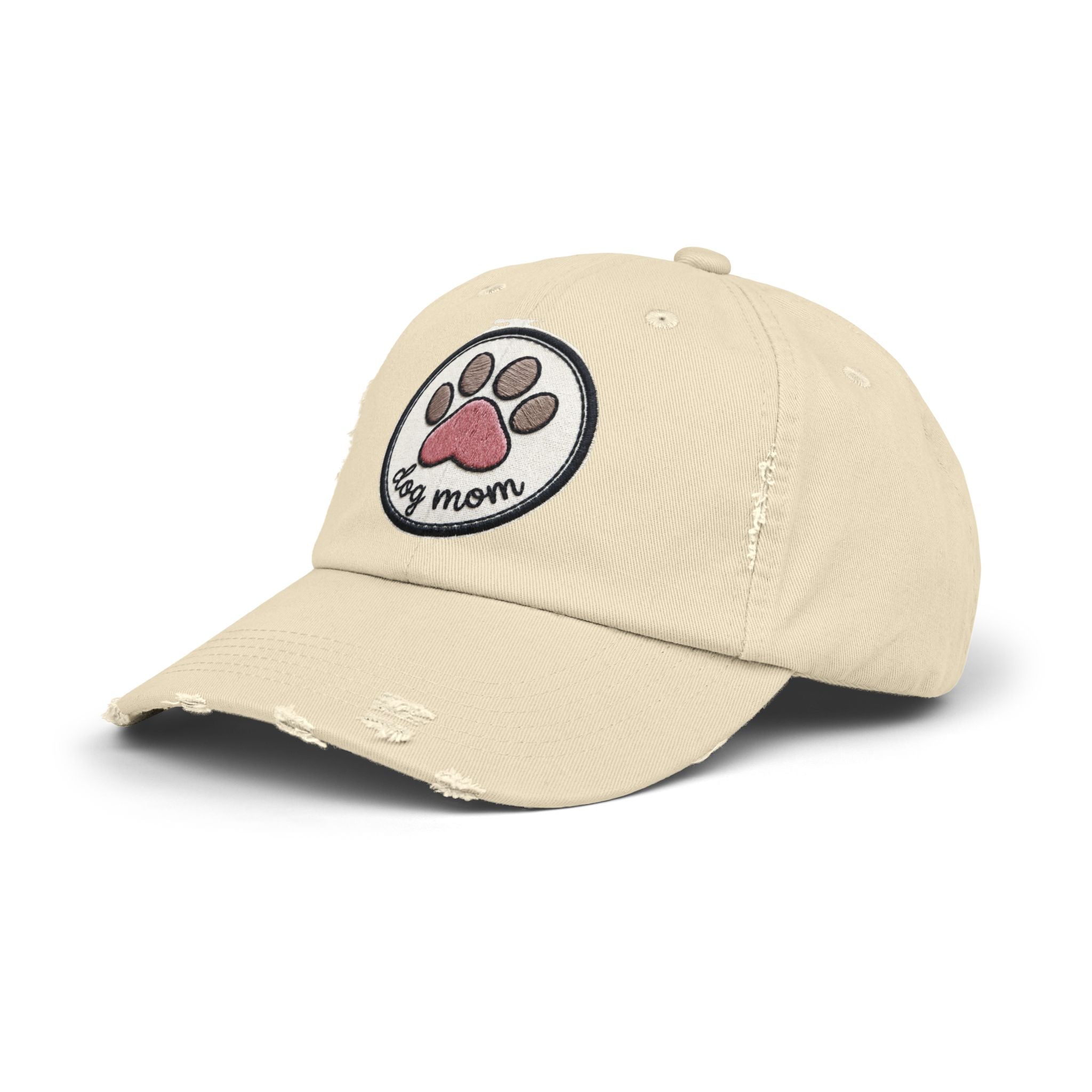 Dog Mom Distressed Cap - Embroidered Paw Patch Baseball Hat