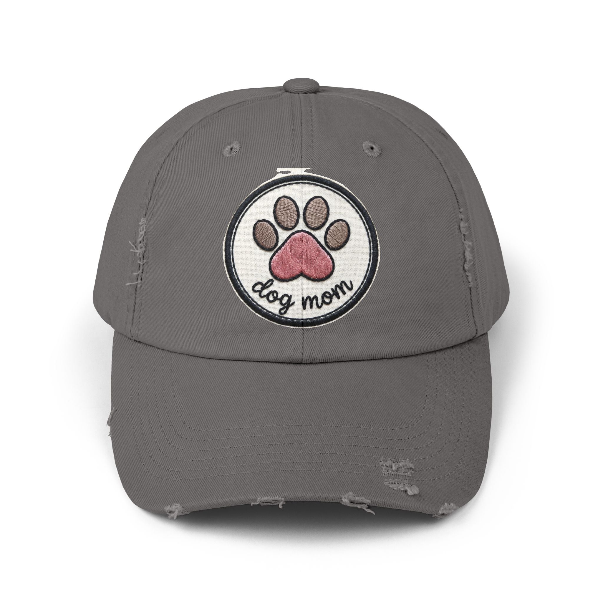 Dog Mom Distressed Cap - Embroidered Paw Patch Baseball Hat