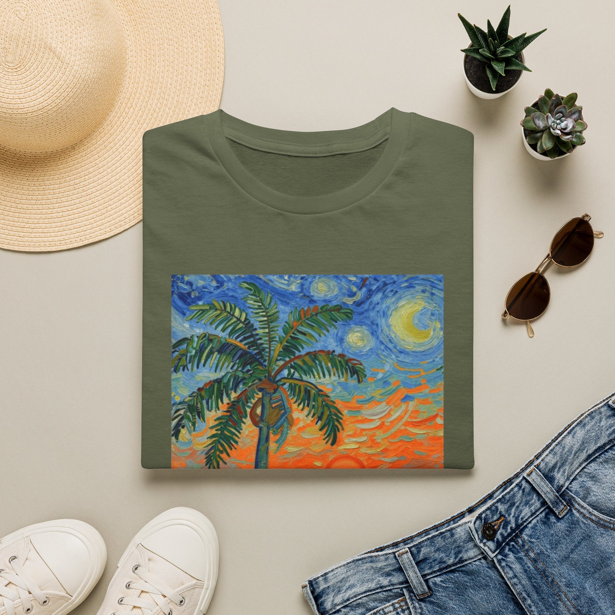 Tropical Night Palm Sunset Beach Art Tee