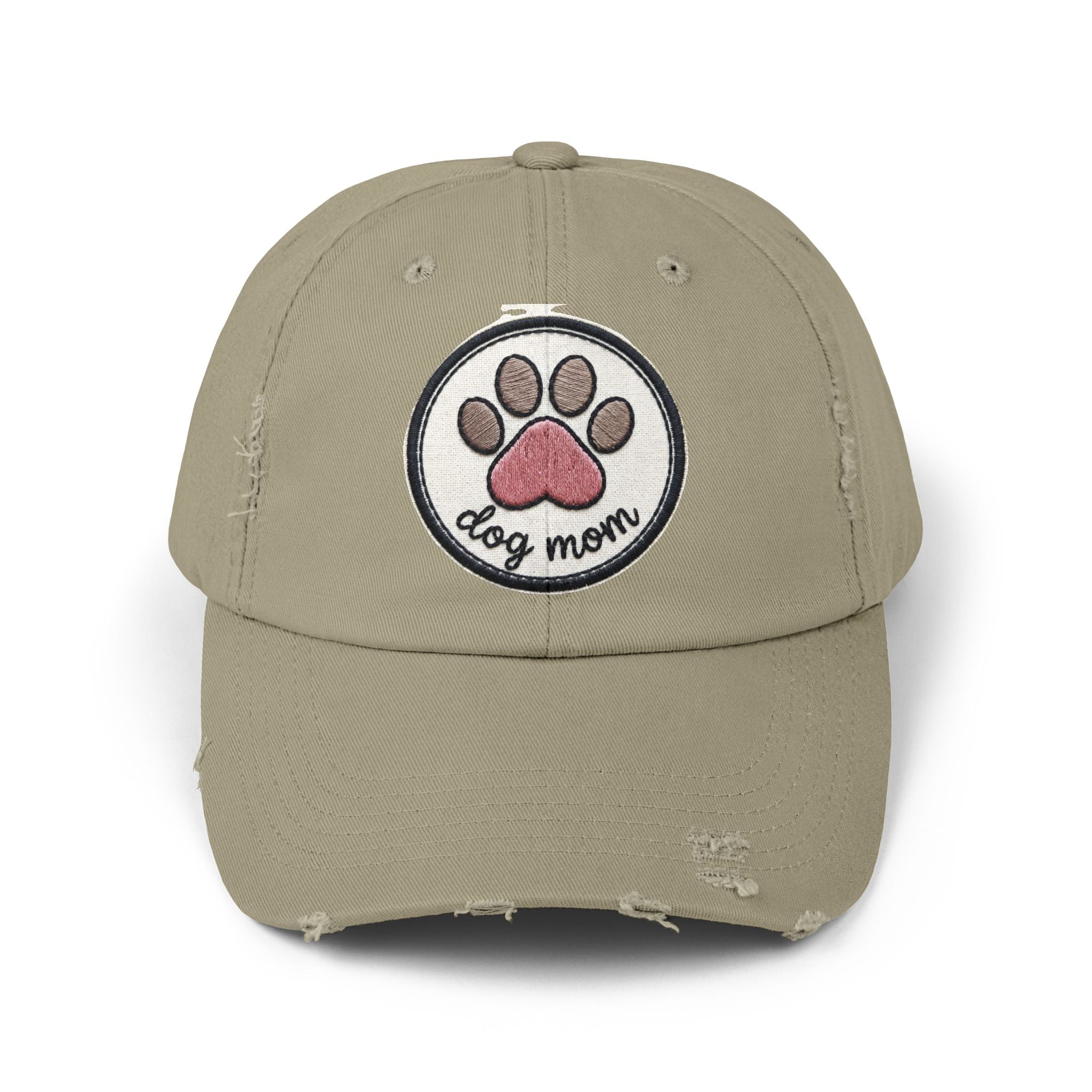 Dog Mom Distressed Cap - Embroidered Paw Patch Baseball Hat