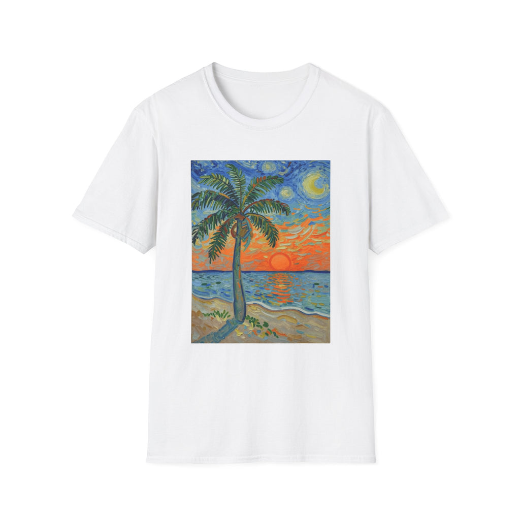 Tropical Night Palm Sunset Beach Art Tee