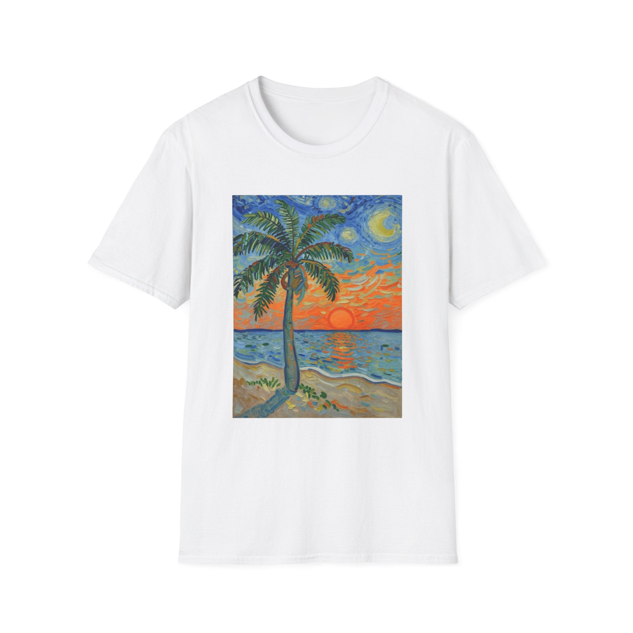 Tropical Night Palm Sunset Beach Art Tee