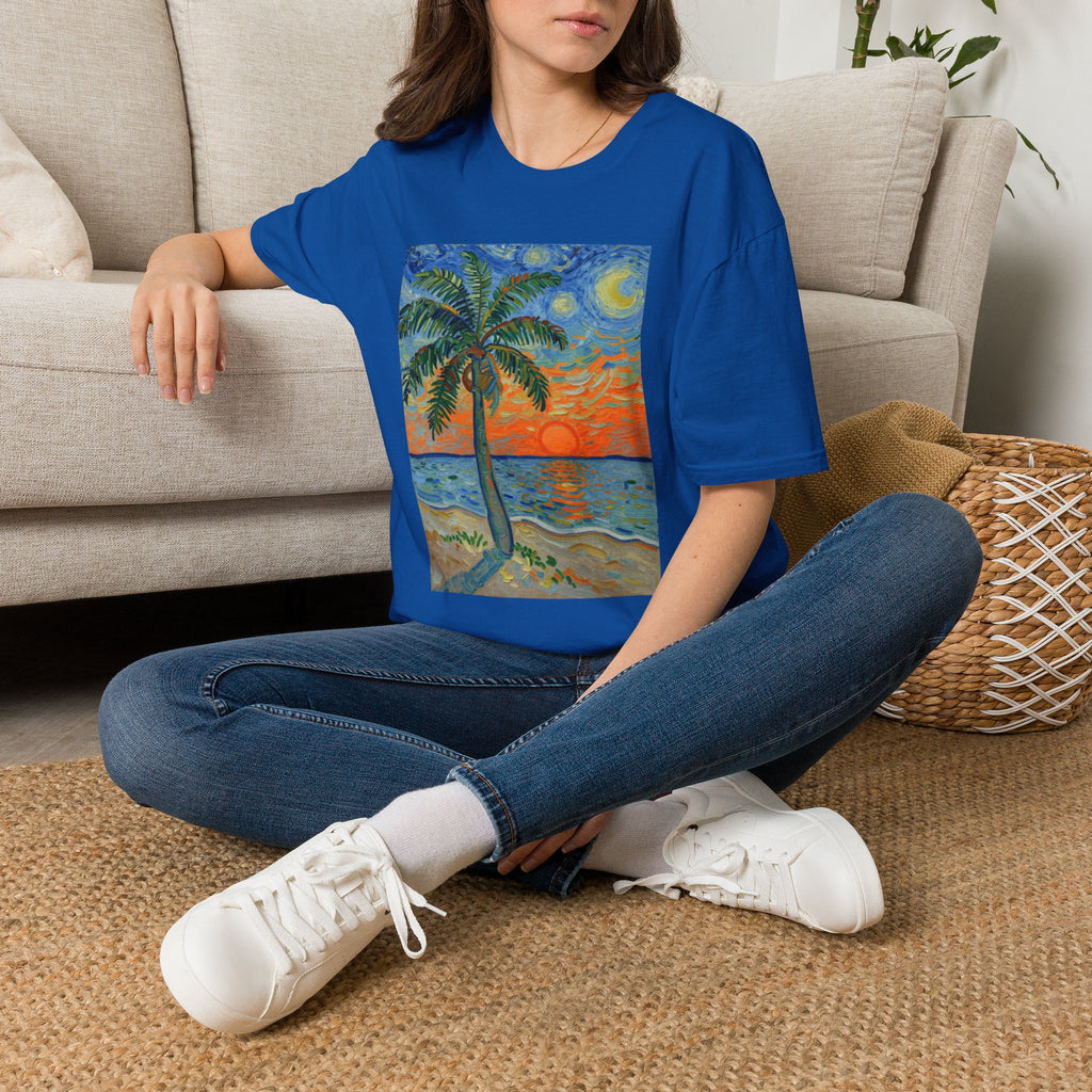 Tropical Night Palm Sunset Beach Art Tee