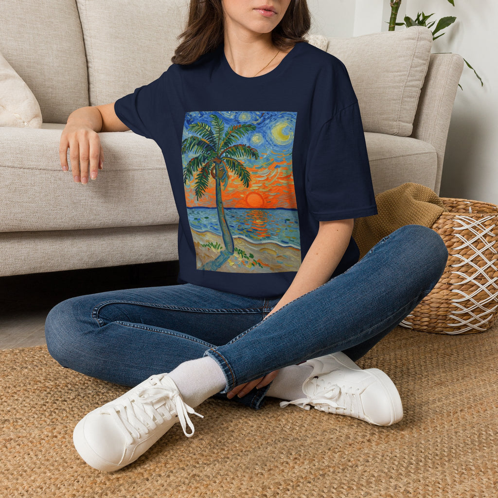 Tropical Night Palm Sunset Beach Art Tee