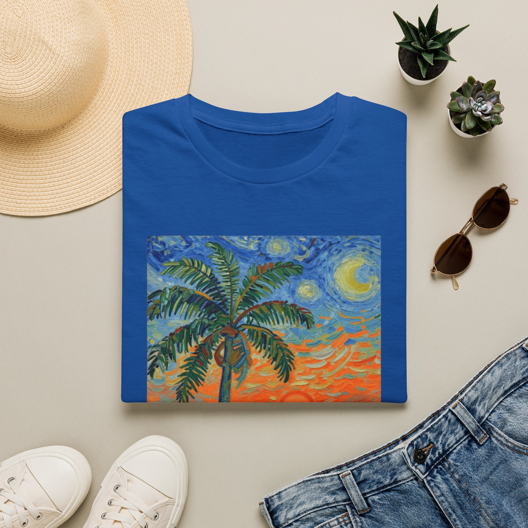 Tropical Night Palm Sunset Beach Art Tee