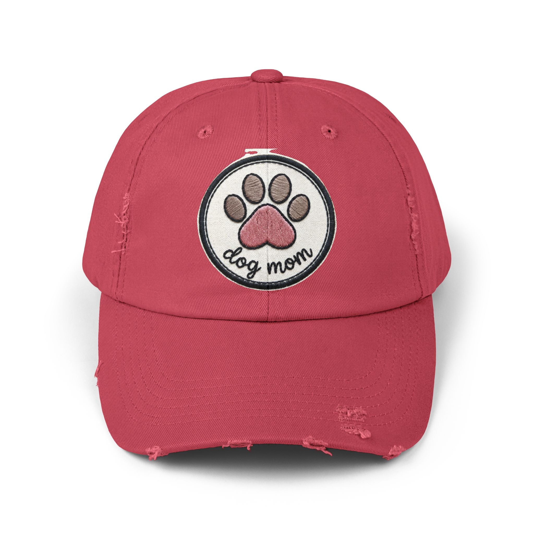 Dog Mom Distressed Cap - Embroidered Paw Patch Baseball Hat
