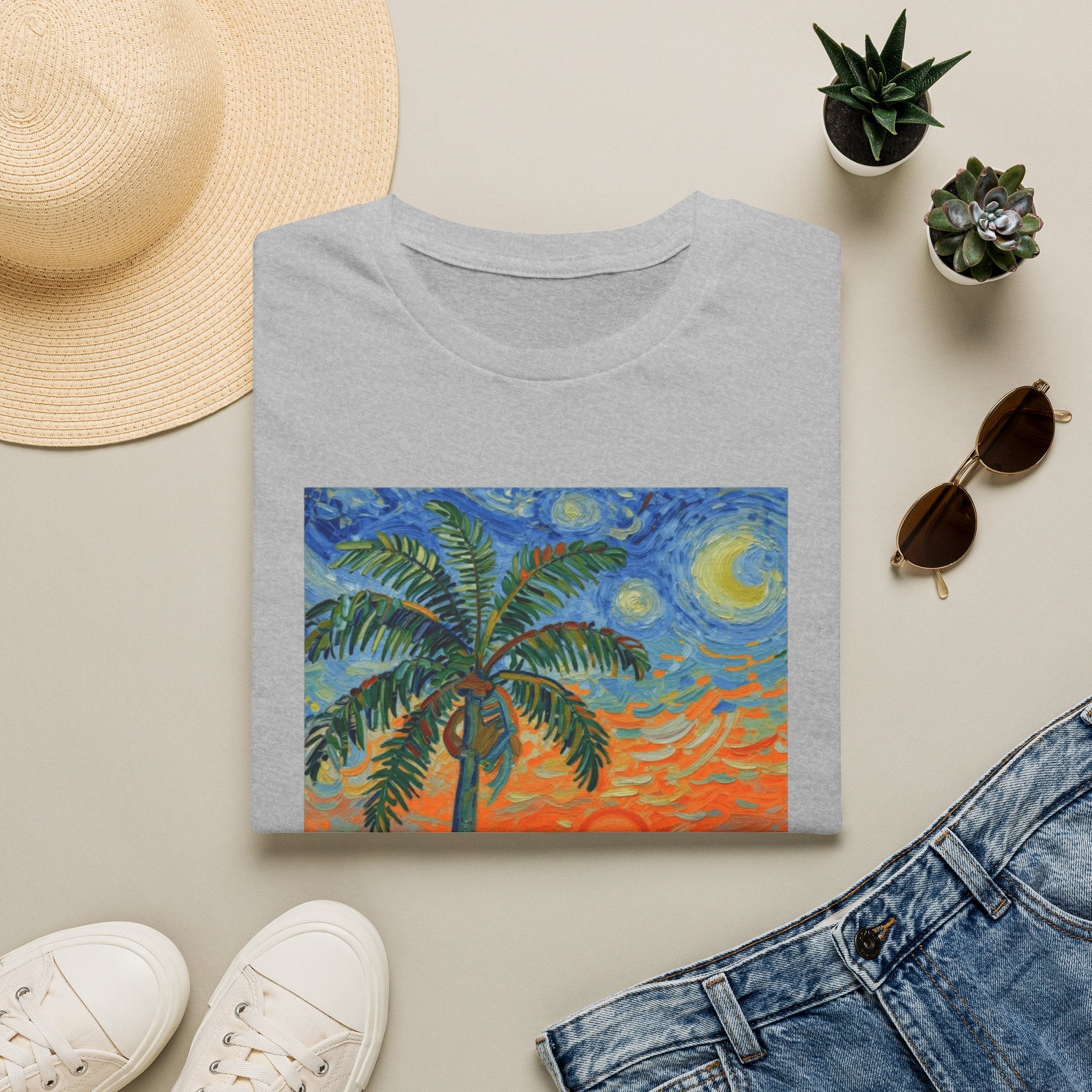 Tropical Night Palm Sunset Beach Art Tee