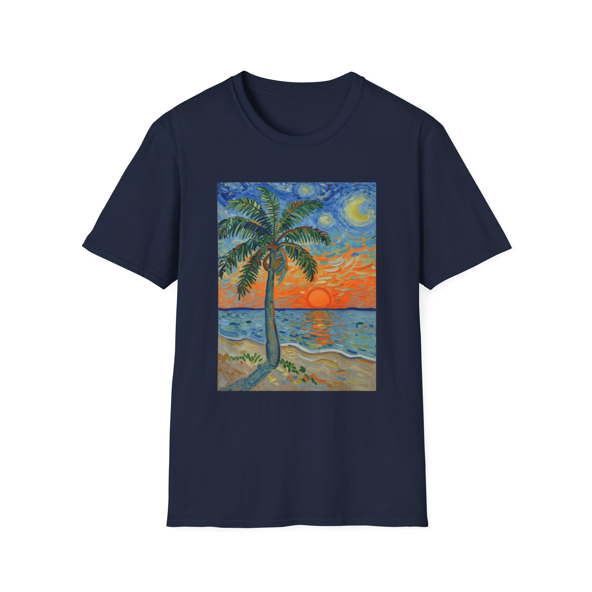 Tropical Night Palm Sunset Beach Art Tee
