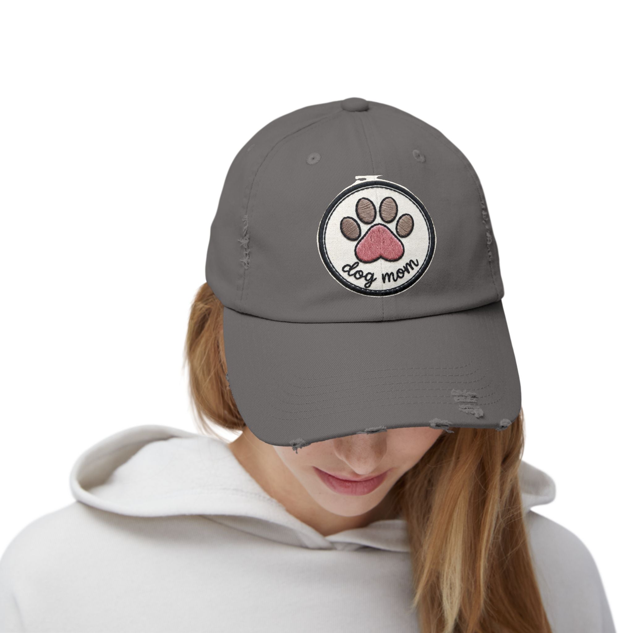 Dog Mom Distressed Cap - Embroidered Paw Patch Baseball Hat