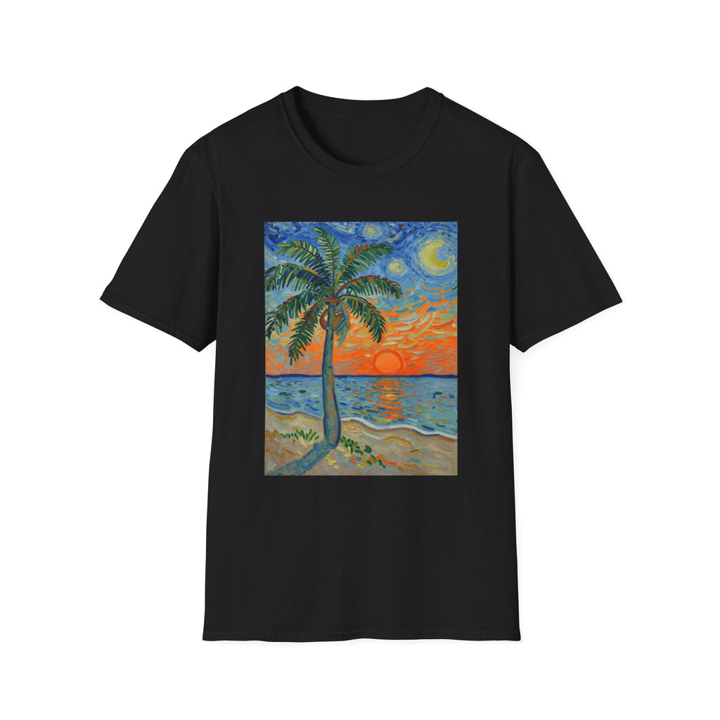 Tropical Night Palm Sunset Beach Art Tee