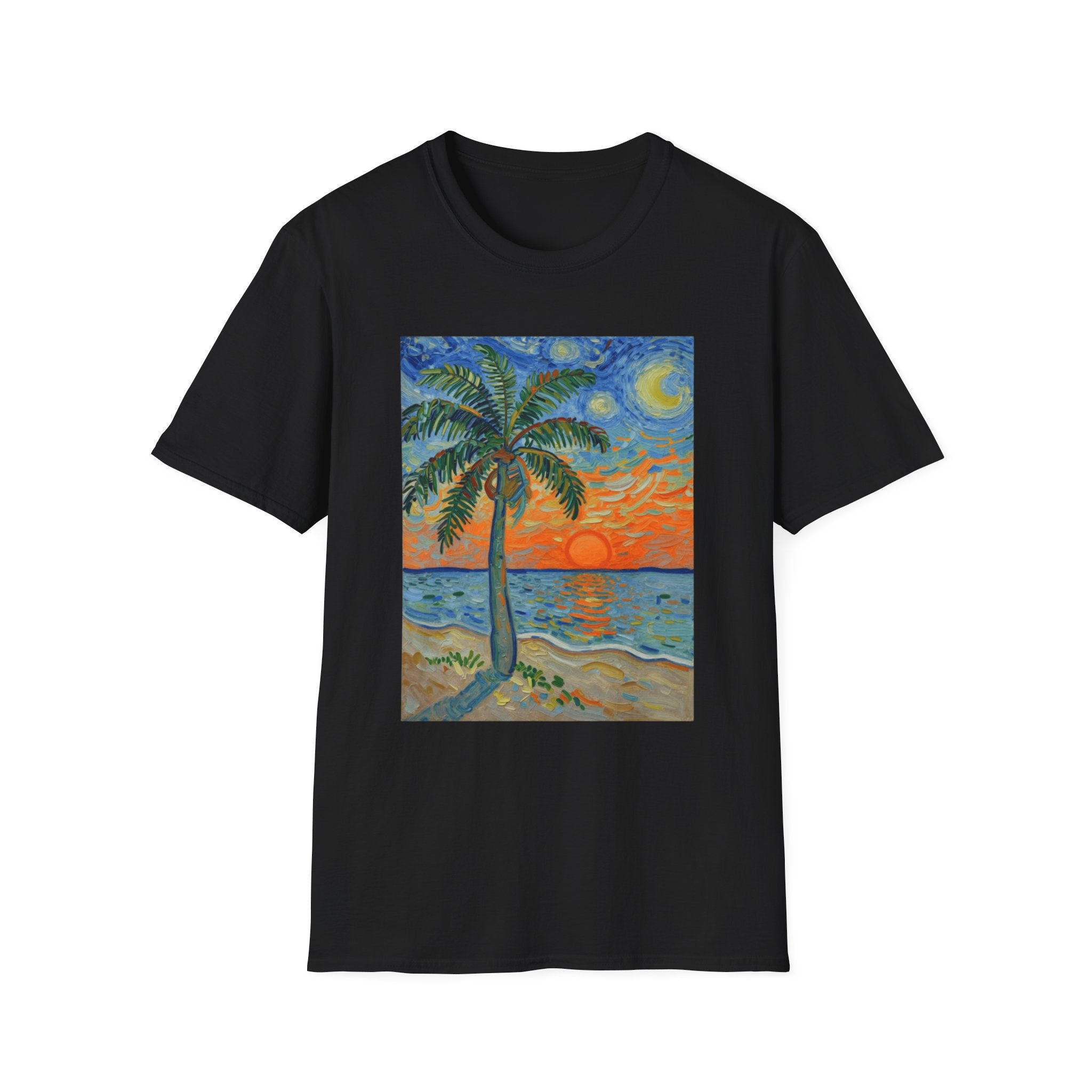 Tropical Night Palm Sunset Beach Art Tee