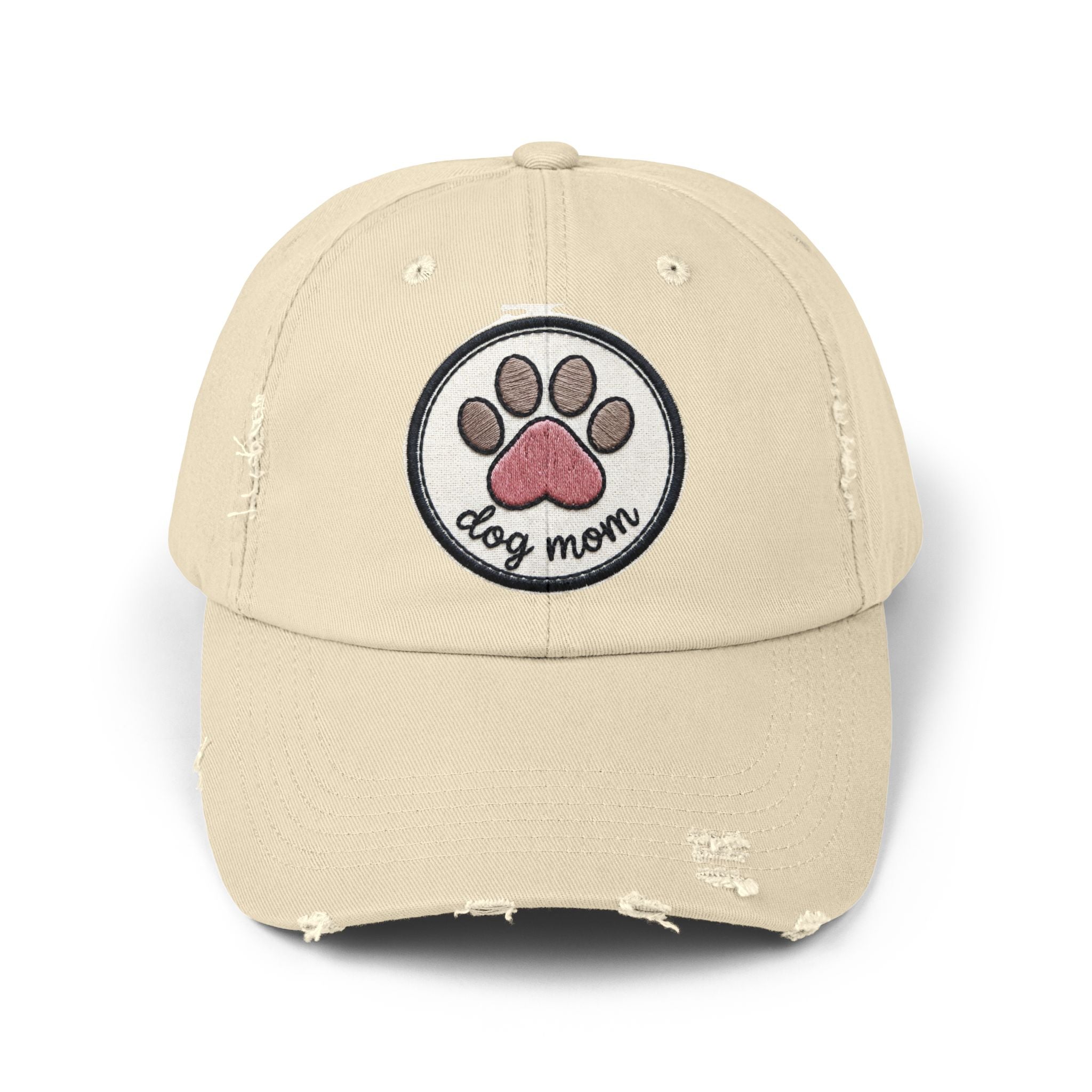 Dog Mom Distressed Cap - Embroidered Paw Patch Baseball Hat