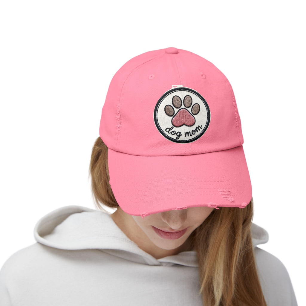 Dog Mom Distressed Cap - Embroidered Paw Patch Baseball Hat