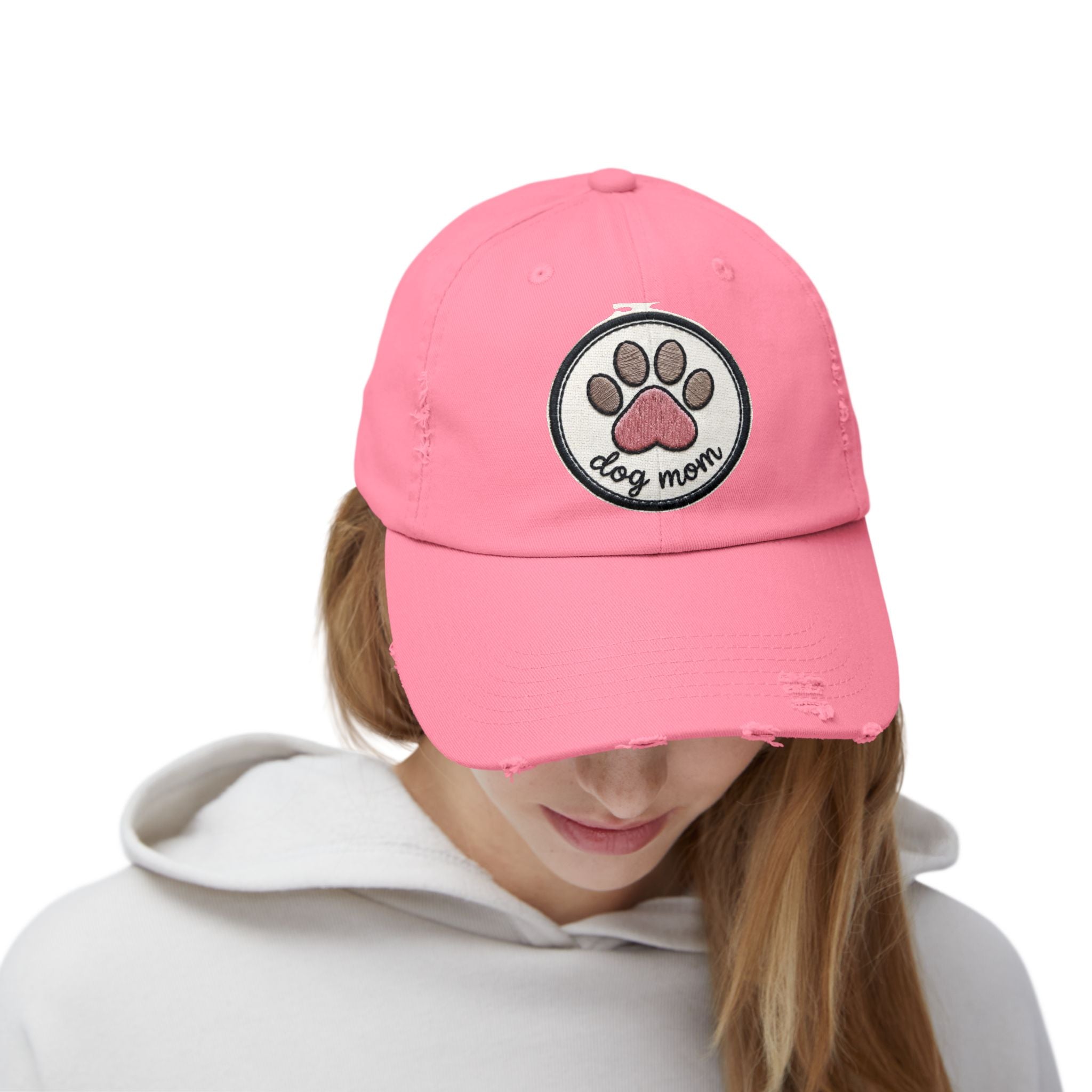 Dog Mom Distressed Cap - Embroidered Paw Patch Baseball Hat
