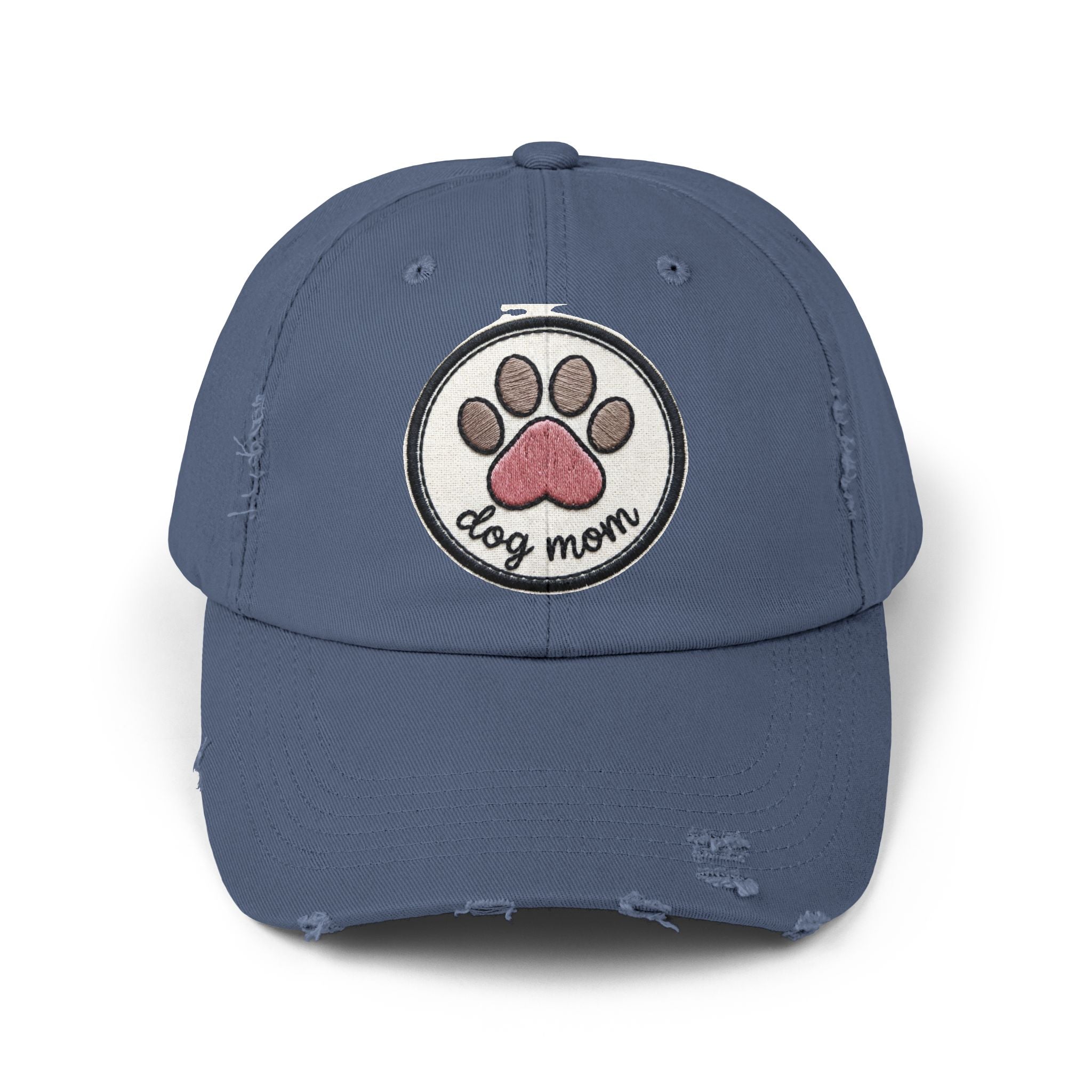 Dog Mom Distressed Cap - Embroidered Paw Patch Baseball Hat