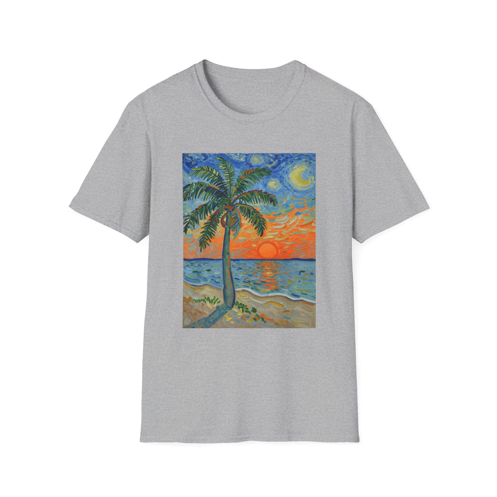Tropical Night Palm Sunset Beach Art Tee