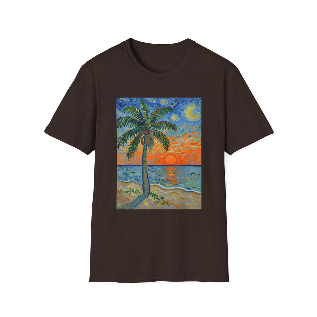 Tropical Night Palm Sunset Beach Art Tee