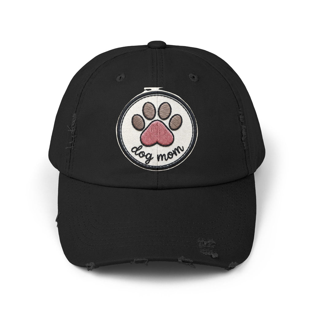 Dog Mom Distressed Cap - Embroidered Paw Patch Baseball Hat