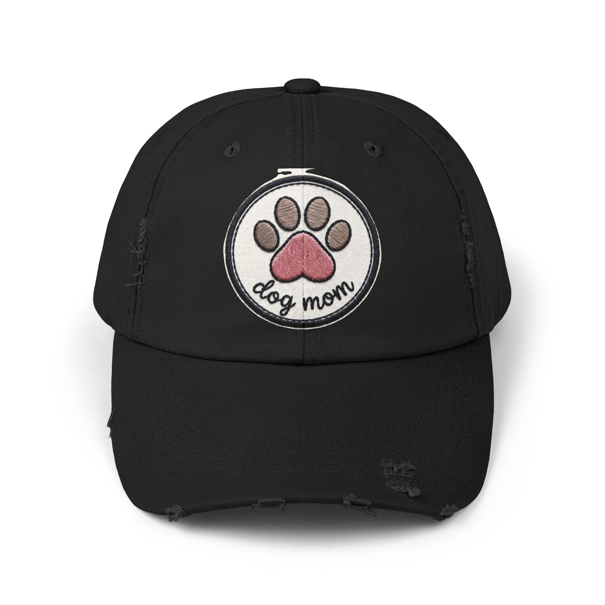 Dog Mom Distressed Cap - Embroidered Paw Patch Baseball Hat