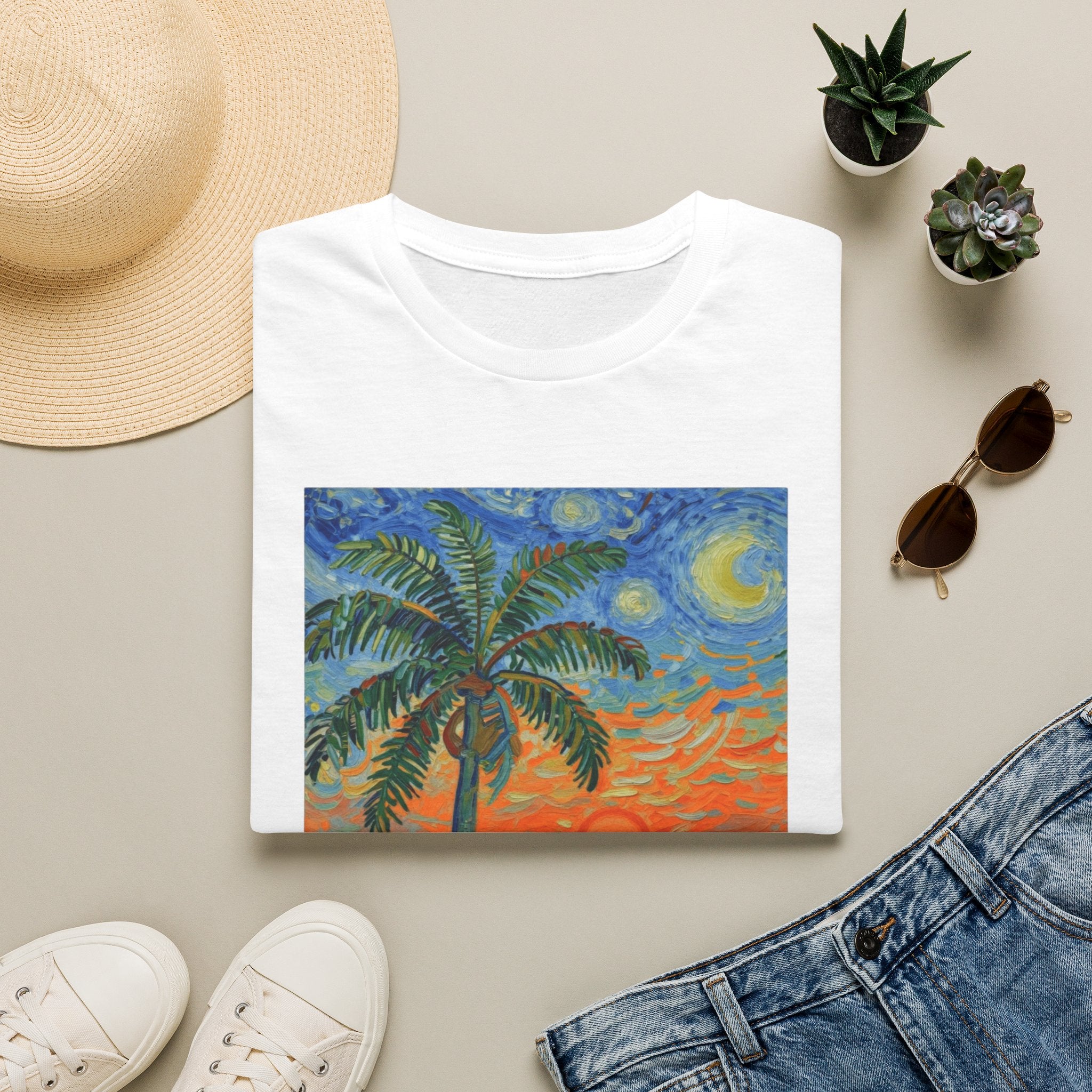 Tropical Night Palm Sunset Beach Art Tee