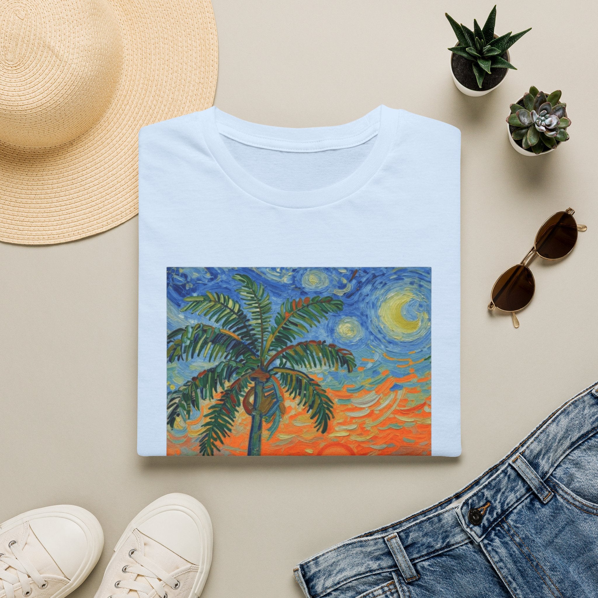 Tropical Night Palm Sunset Beach Art Tee