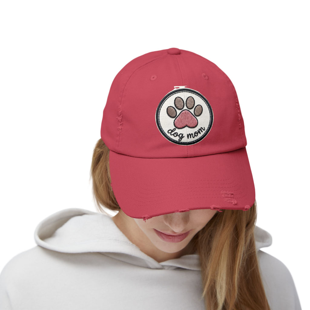 Dog Mom Distressed Cap - Embroidered Paw Patch Baseball Hat