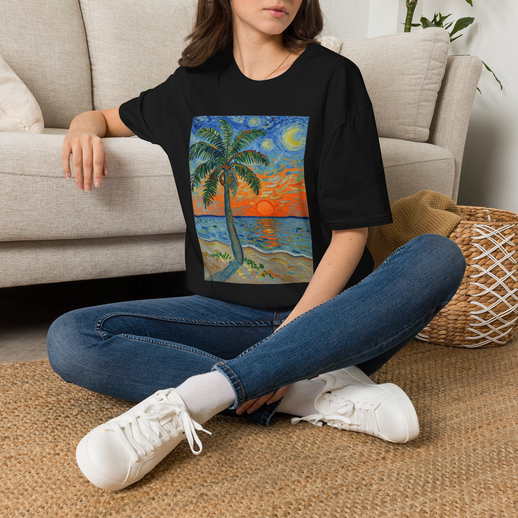 Tropical Night Palm Sunset Beach Art Tee