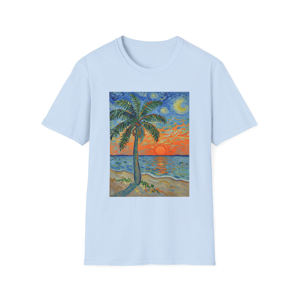 Tropical Night Palm Sunset Beach Art Tee