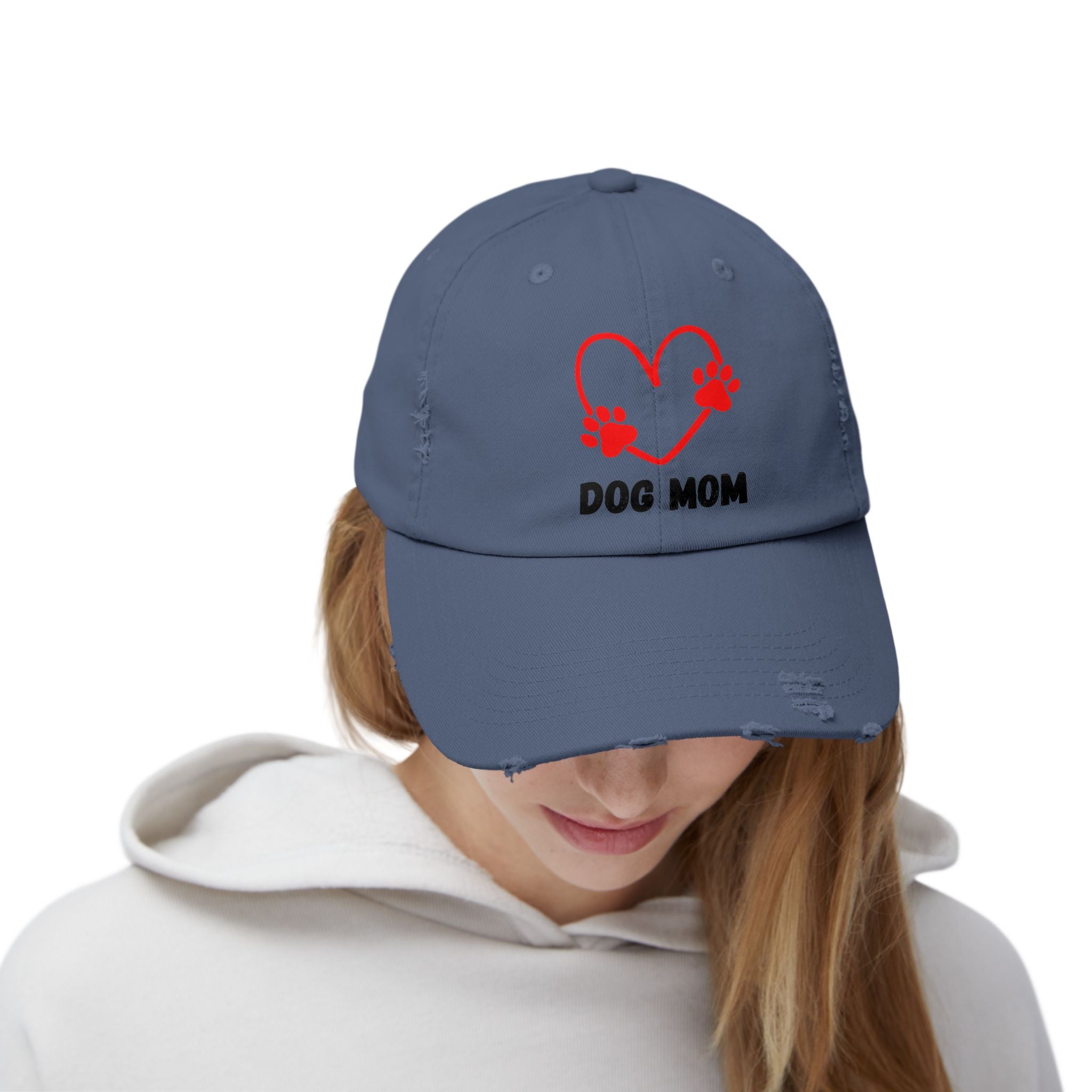 Dog Mom Distressed Cap - Heart Paw Baseball Hat