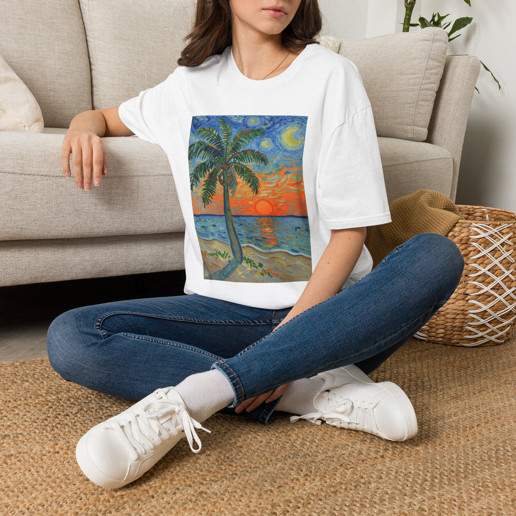 Tropical Night Palm Sunset Beach Art Tee