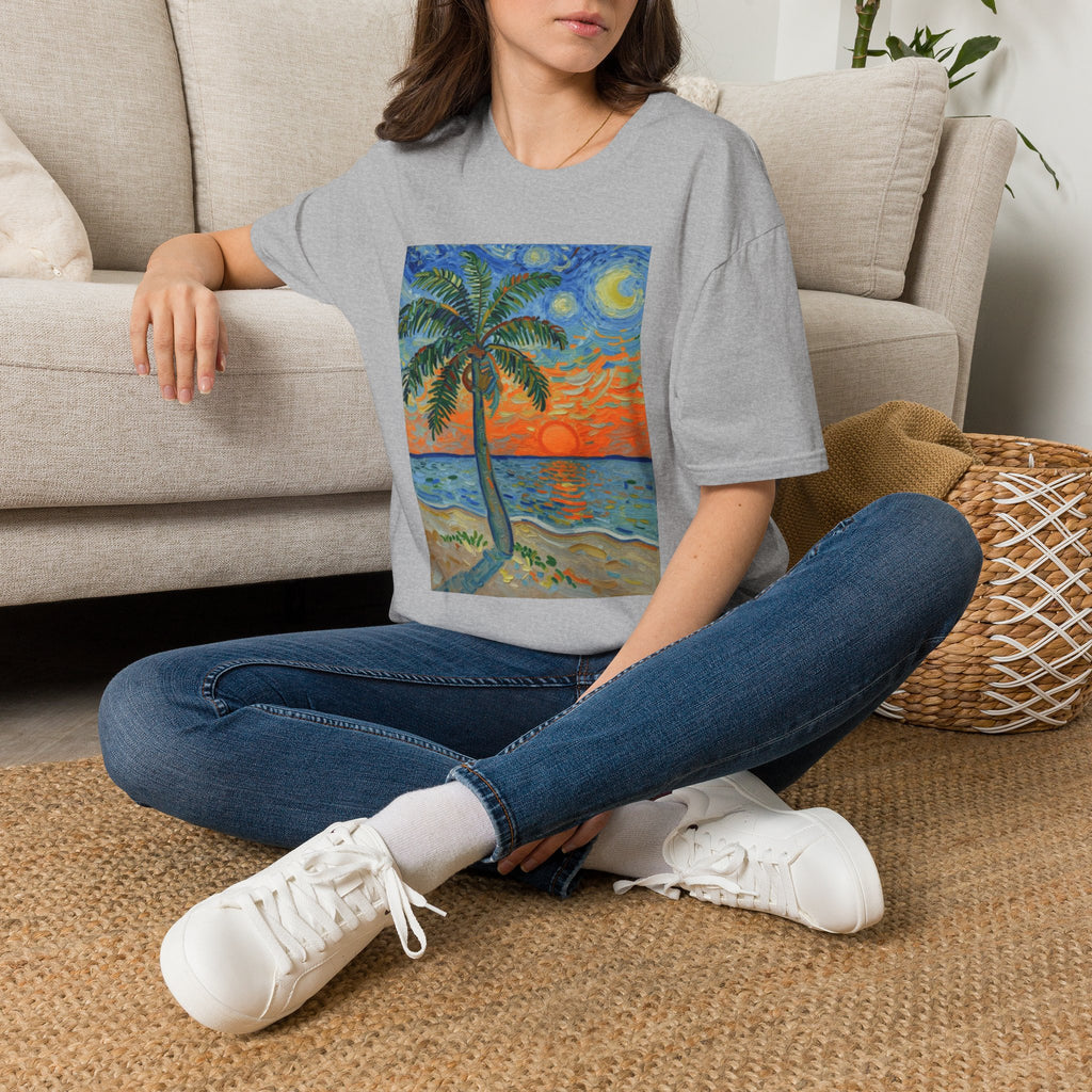 Tropical Night Palm Sunset Beach Art Tee