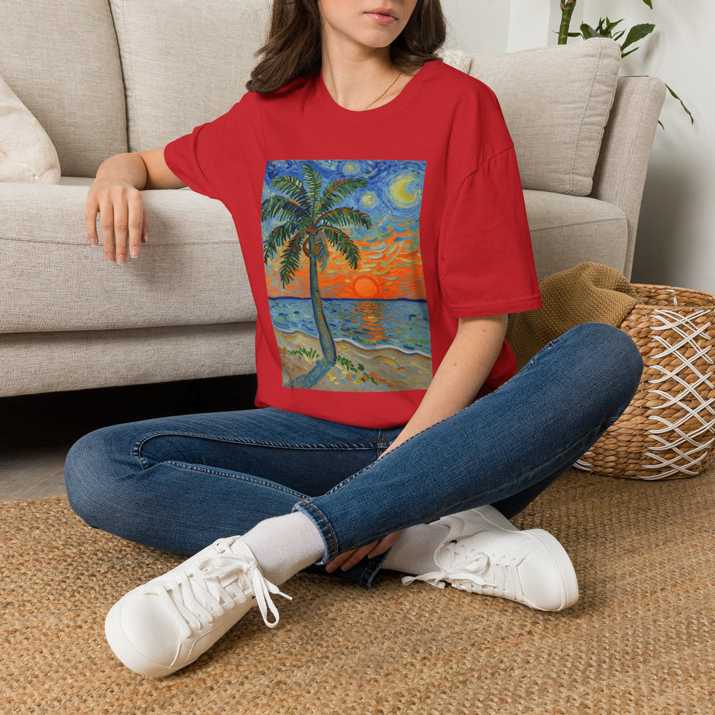 Tropical Night Palm Sunset Beach Art Tee