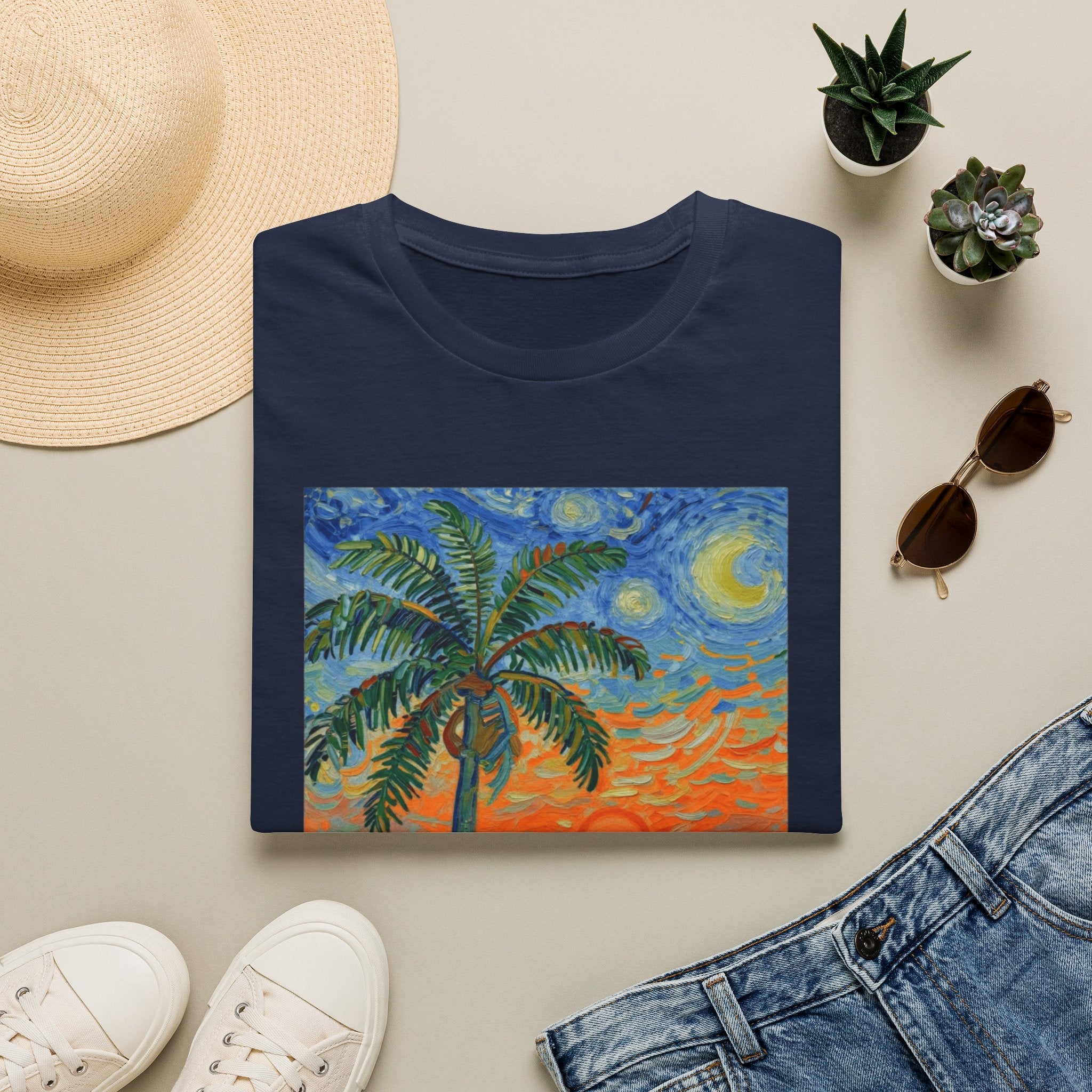 Tropical Night Palm Sunset Beach Art Tee