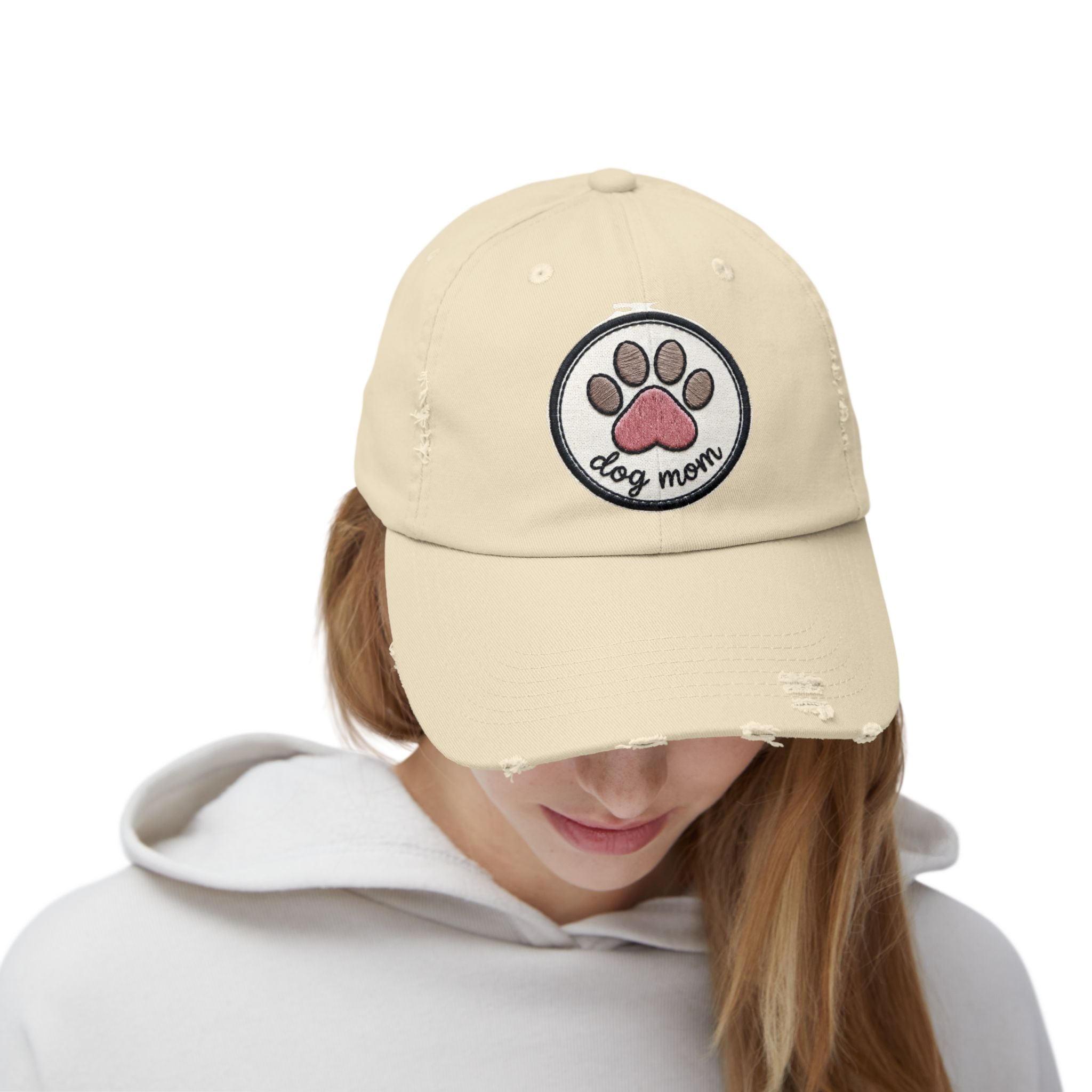 Dog Mom Distressed Cap - Embroidered Paw Patch Baseball Hat