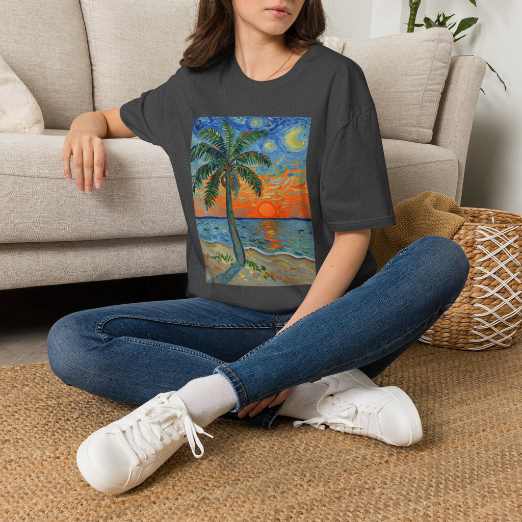 Tropical Night Palm Sunset Beach Art Tee
