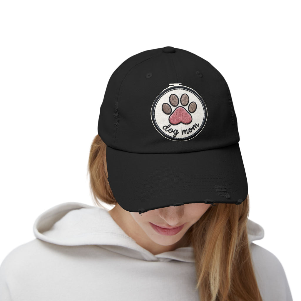 Dog Mom Distressed Cap - Embroidered Paw Patch Baseball Hat