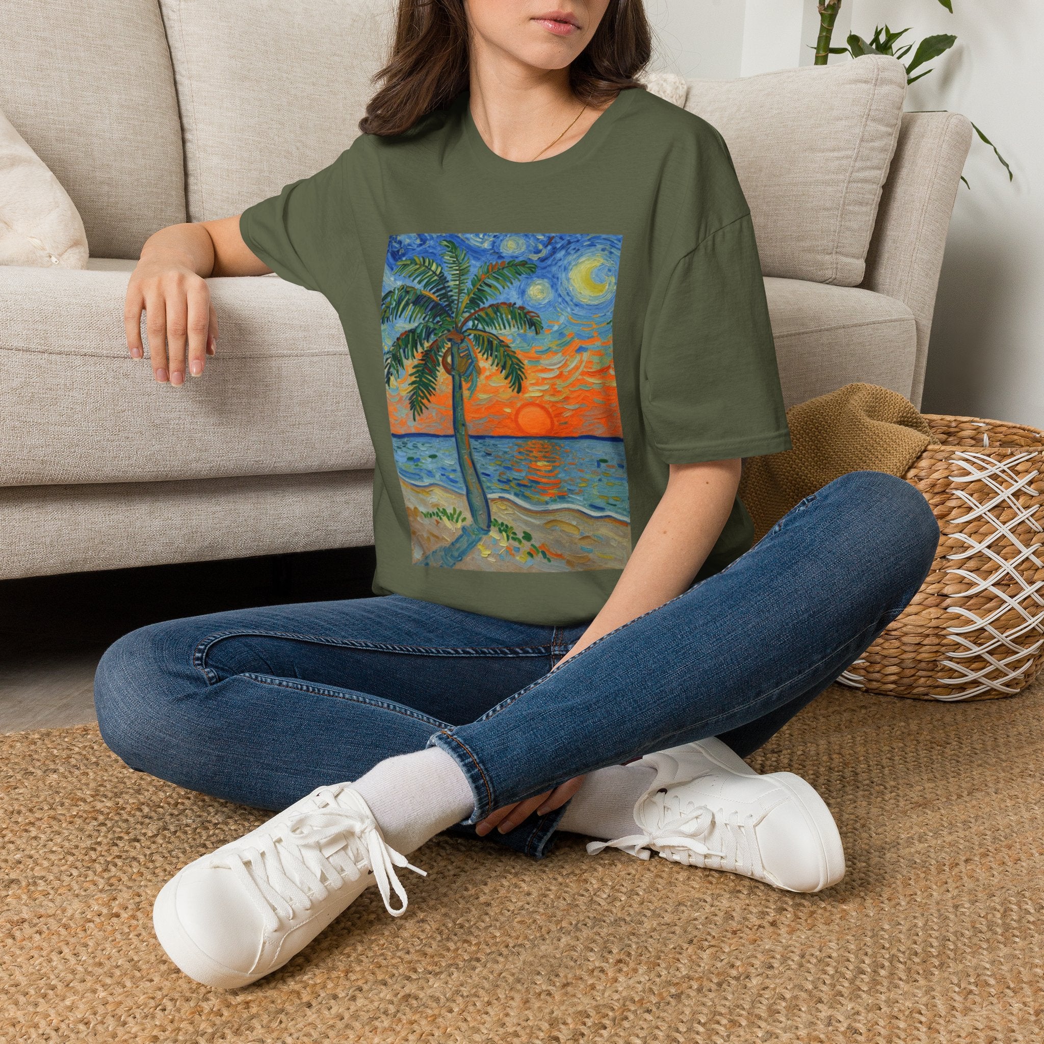Tropical Night Palm Sunset Beach Art Tee