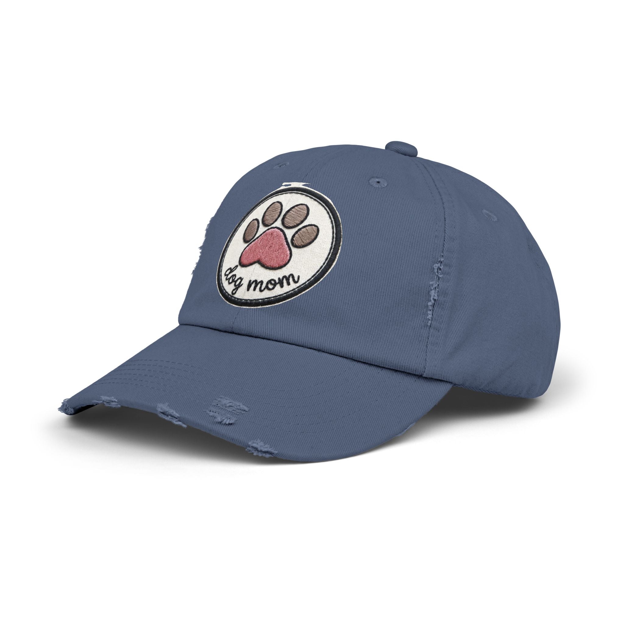 Dog Mom Distressed Cap - Embroidered Paw Patch Baseball Hat