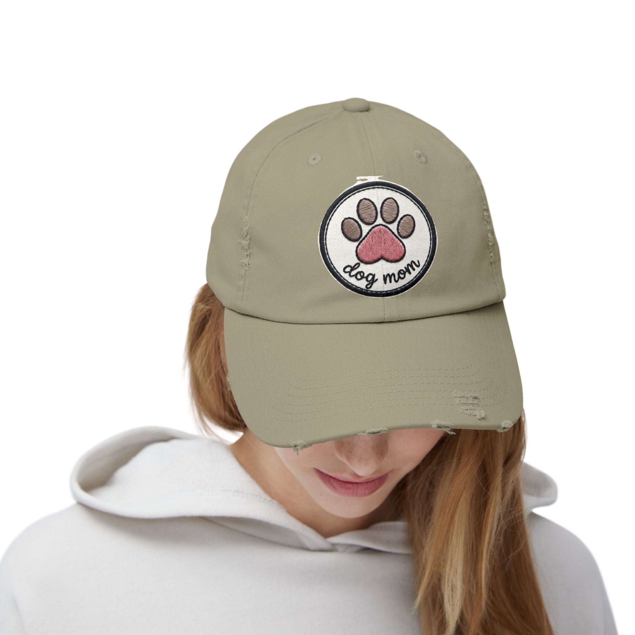 Dog Mom Distressed Cap - Embroidered Paw Patch Baseball Hat