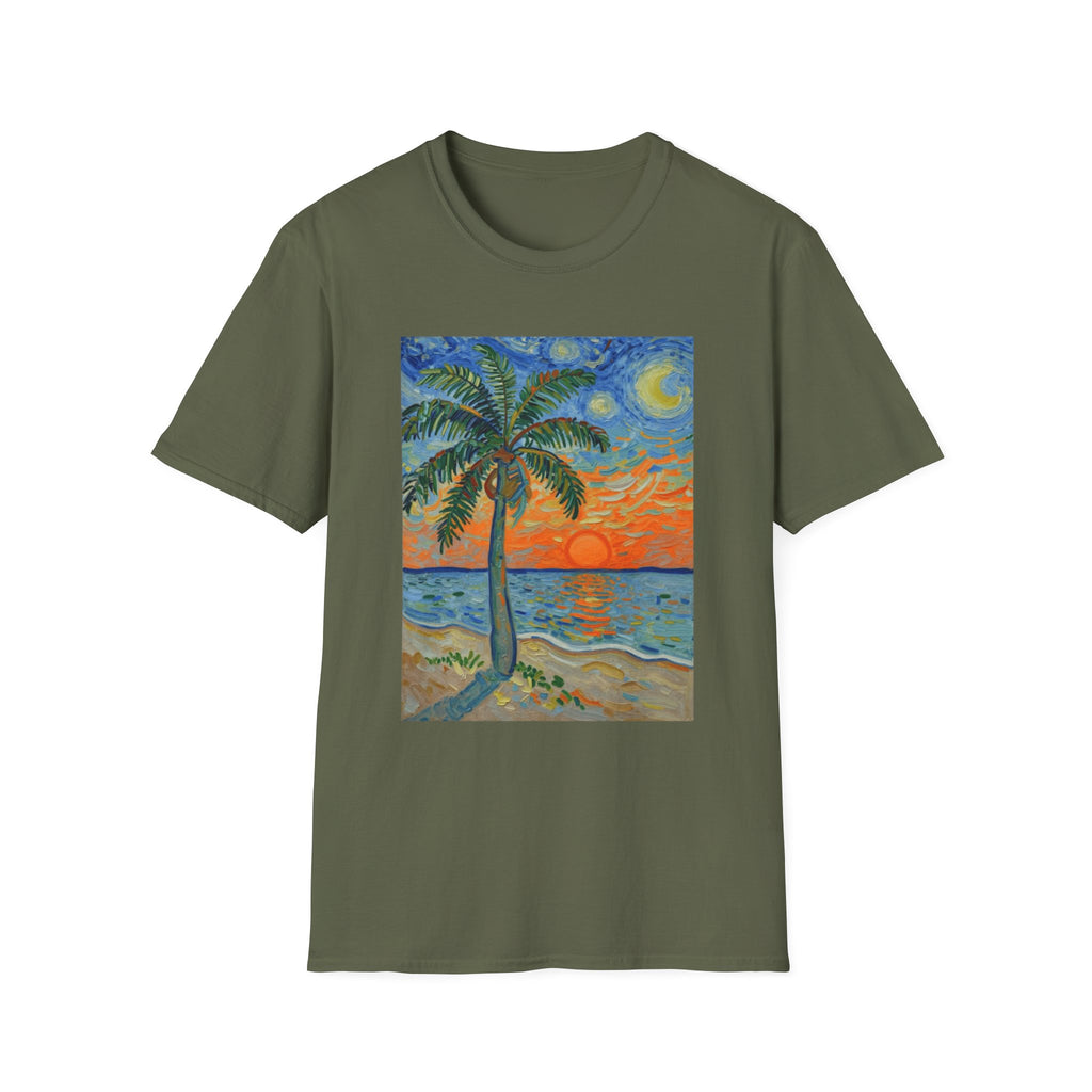 Tropical Night Palm Sunset Beach Art Tee