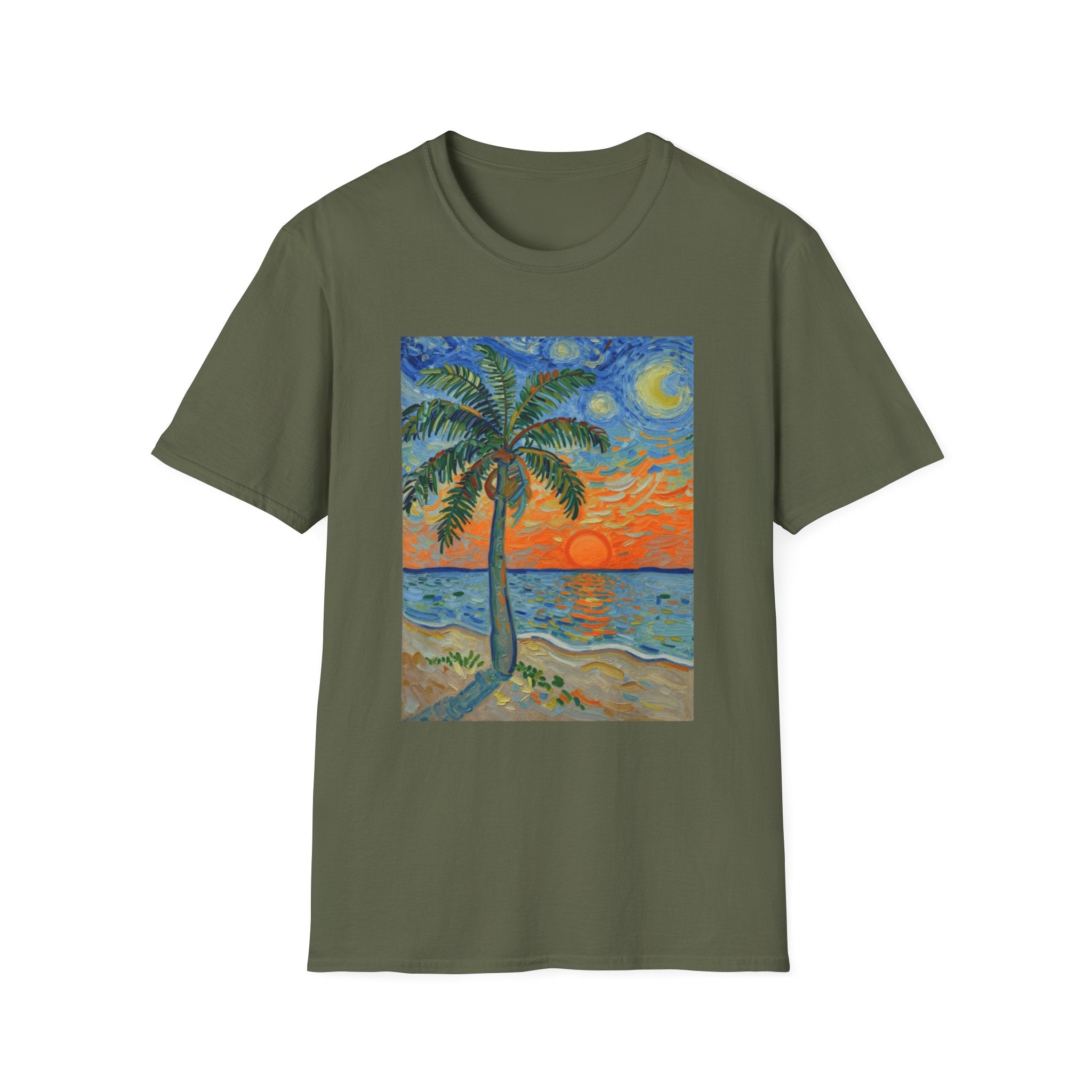 Tropical Night Palm Sunset Beach Art Tee