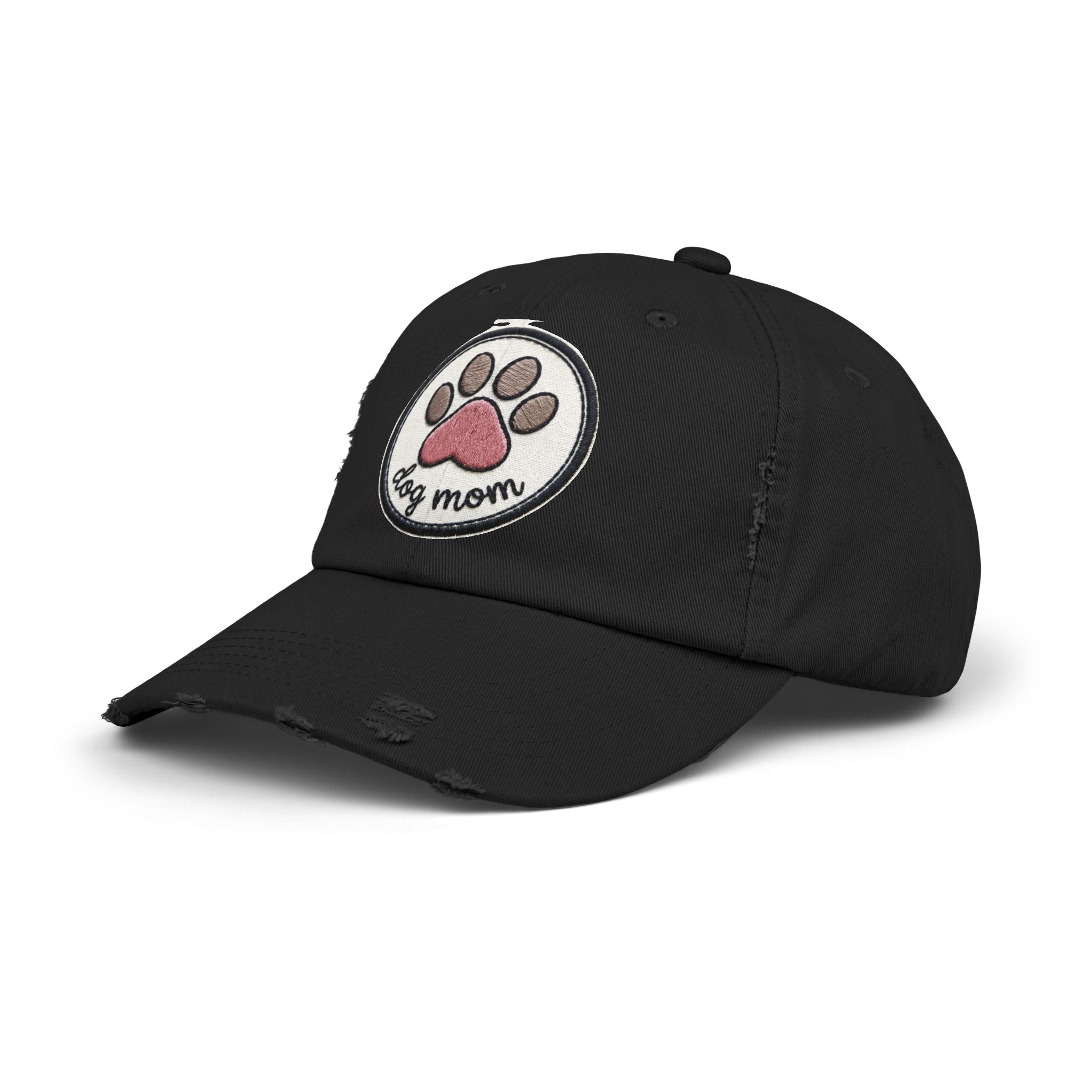 Dog Mom Distressed Cap - Embroidered Paw Patch Baseball Hat