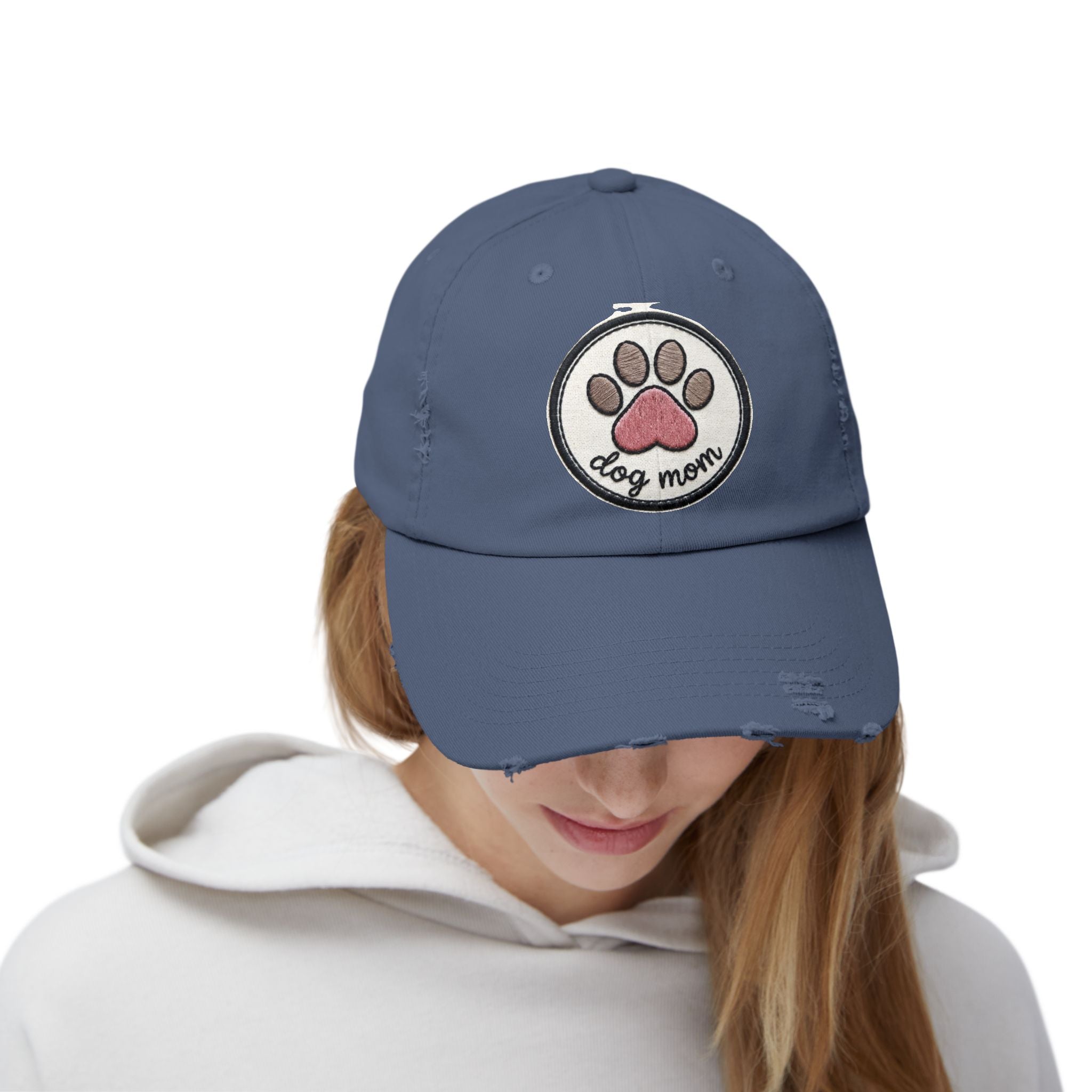 Dog Mom Distressed Cap - Embroidered Paw Patch Baseball Hat