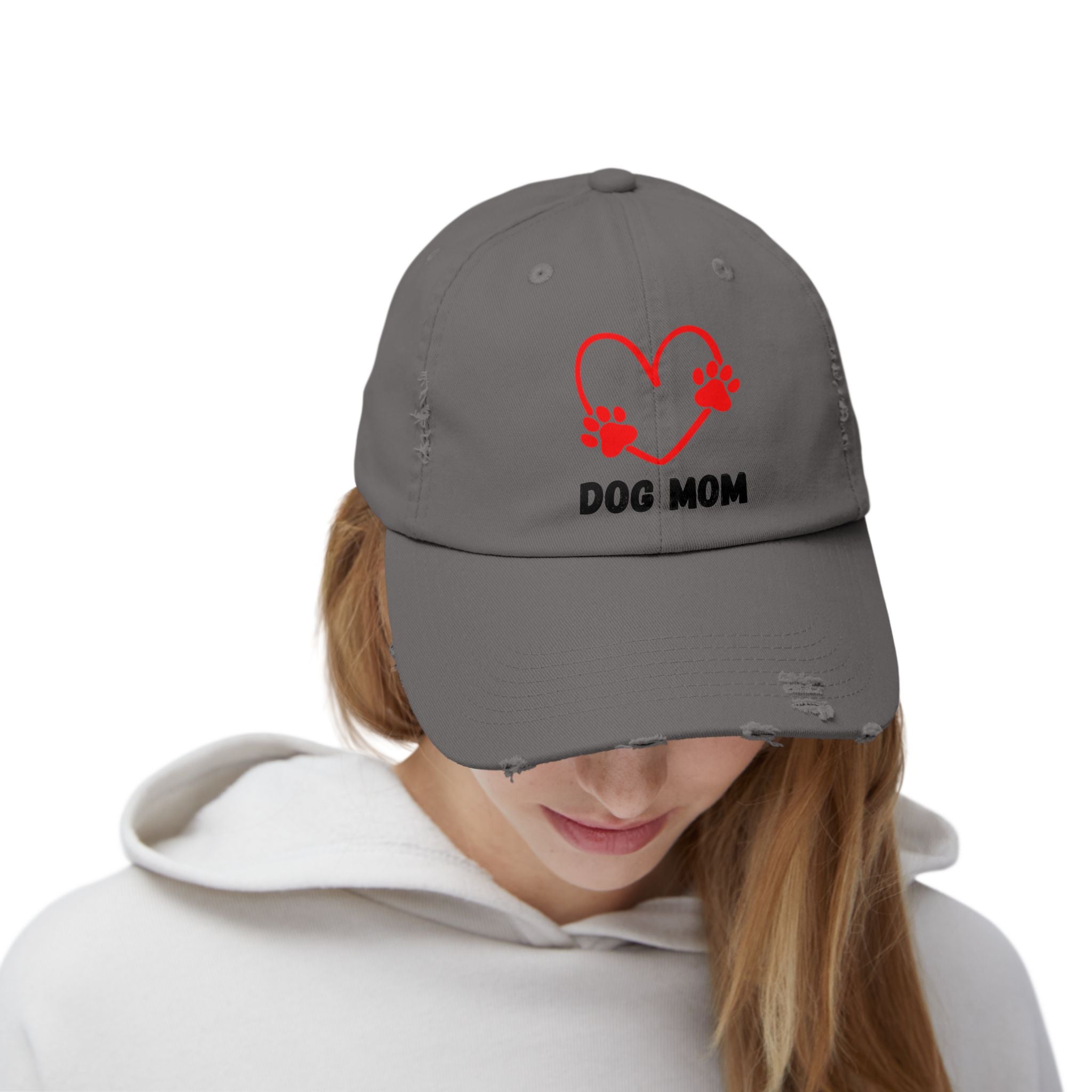 Dog Mom Distressed Cap - Heart Paw Baseball Hat