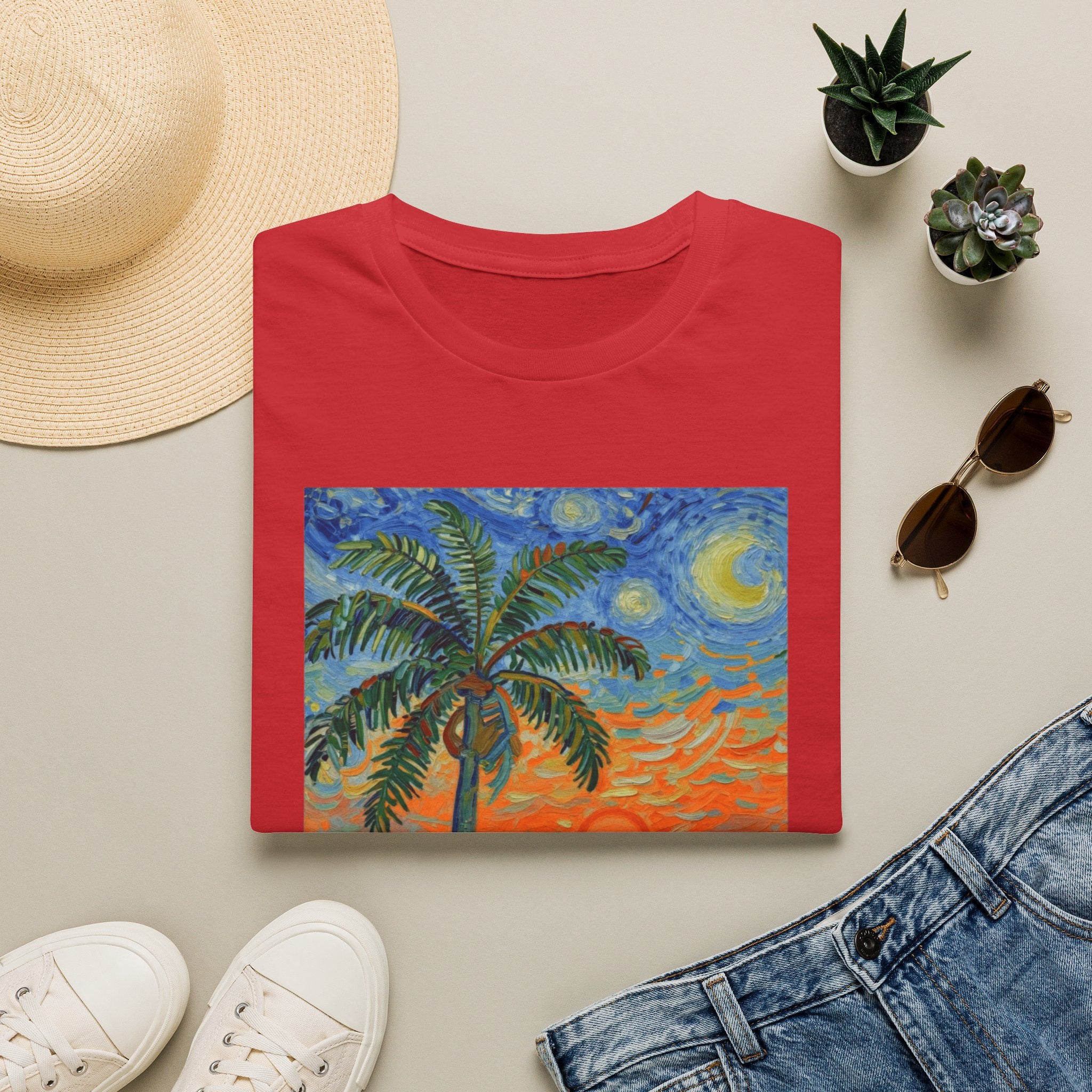 Tropical Night Palm Sunset Beach Art Tee