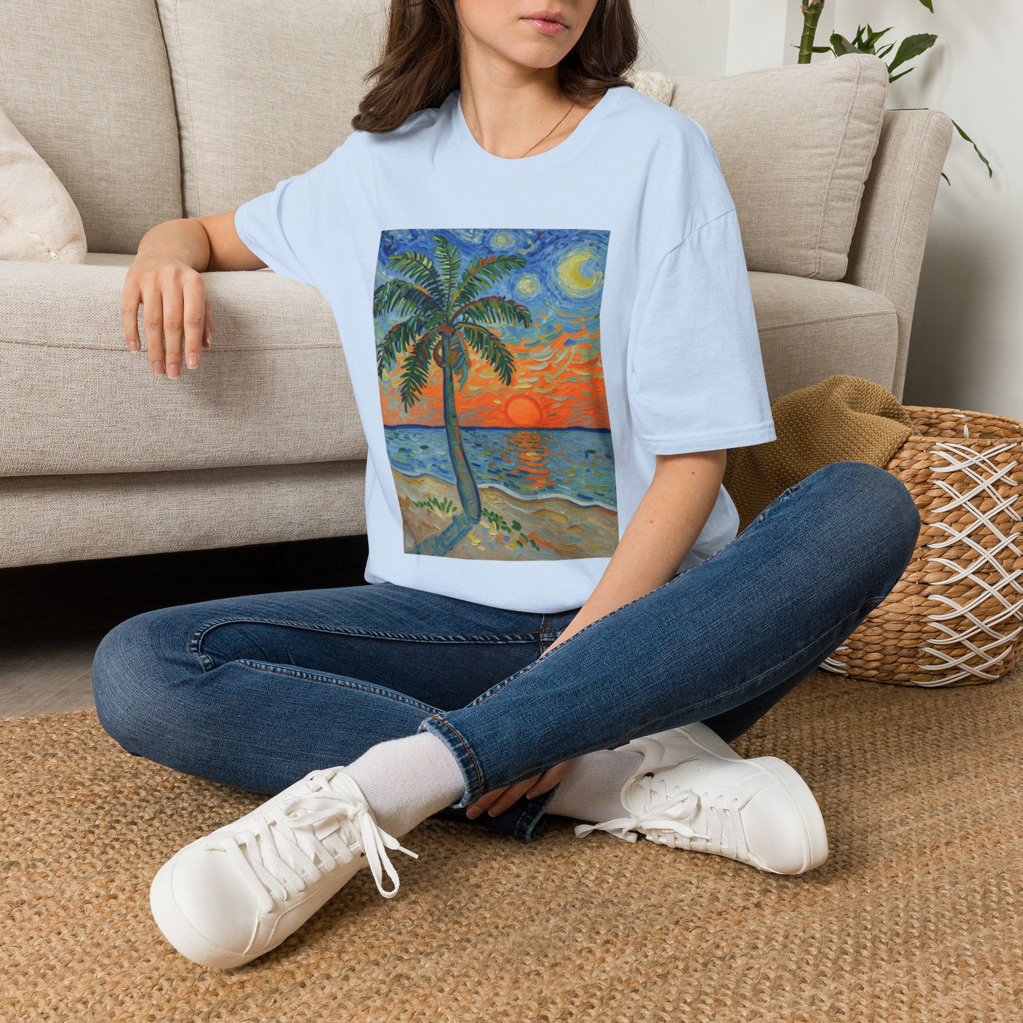 Tropical Night Palm Sunset Beach Art Tee