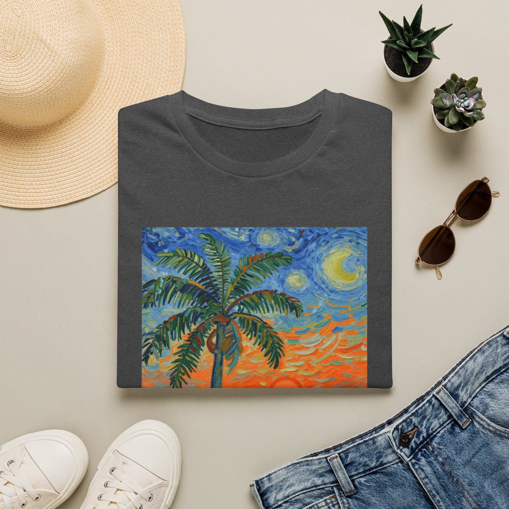 Tropical Night Palm Sunset Beach Art Tee